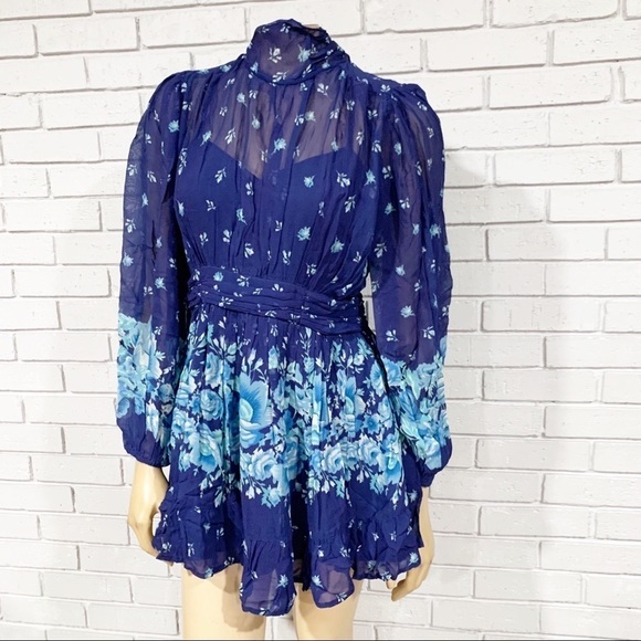 Anthropologie Let Me Be Mock Neck Sheer Mini Dress In Blue - Picture 1 of 11